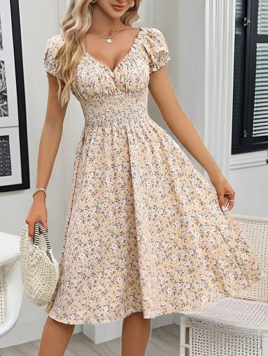 Floral Smocked Midi Dress Women – V-Neck Tie Waist Boho Dress 1