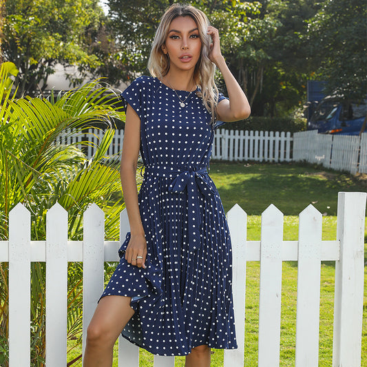 Polka Dot Midi Dress Women Short Sleeve | Belted Pleated A-Line | Vintage Tea Garden Party Summer UK 1