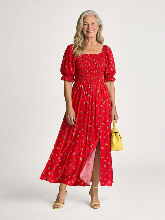 Red Floral Smocked Midi Dress Women Puff Sleeve | Square Neck A-Line | Wedding Guest Garden Party UK 1