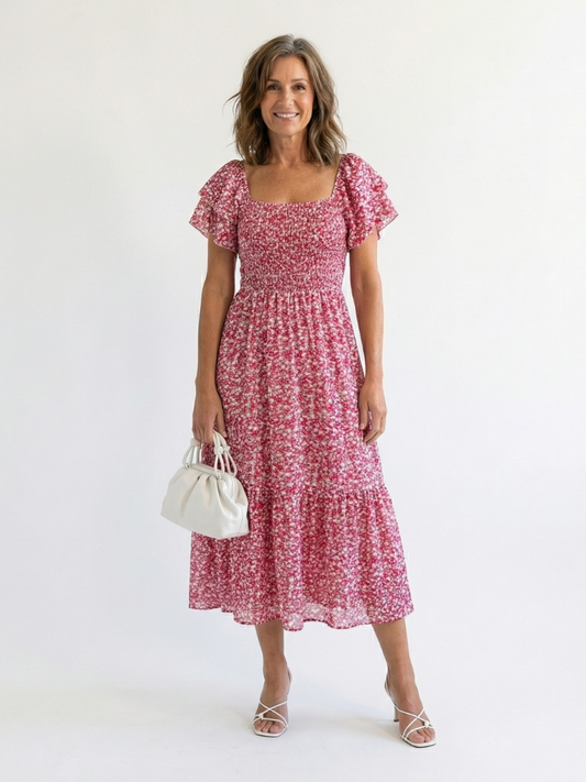 Floral Smocked Midi Dress with Flutter Sleeves and Square Neckline 1