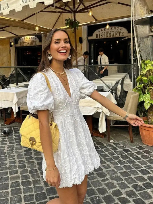 Elise White Summer Dress Women – Embroidered Ruffle Midi Dress