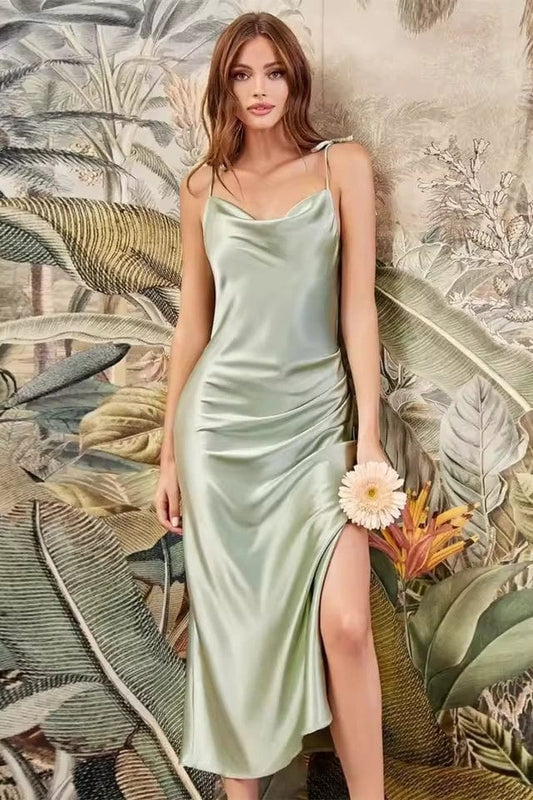 Sage Green Satin Slip Midi Dress Women Cami | Cowl V-Neck Side Slit | Cocktail Evening Date Night UK 1